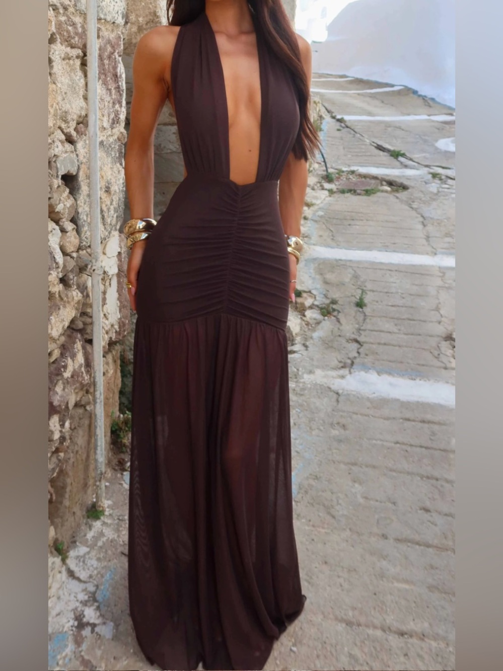 Deep V-Neck Brown Halter Maxi Dress - Picture 1 of 7